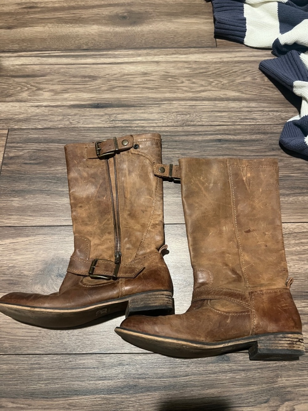 Gianni Bini Distressed Brown Leather Mid-Calf Heeled Boots